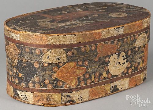 Continental painted bride's box, 19th c., the lid decorated with a hound and stag, 8 1/4'' h.