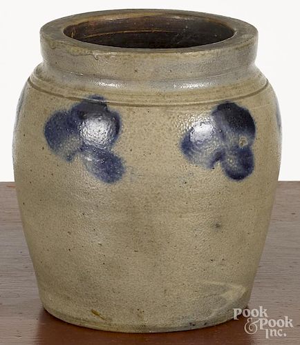 Pennsylvania stoneware jar, 19th c., with repeating cobalt clover decoration around the shoulder