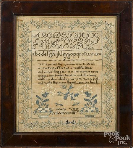 Silk on linen sampler, early 19th c., wrought by Mary Wilson, 15 1/4'' x 13 1/4''.