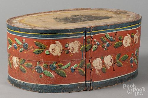 Continental painted bentwood box, 19th c., the lid with transfer decoration of two children