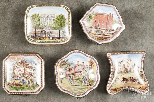 Set of five Paris porcelain dresser boxes with American historical scenes.