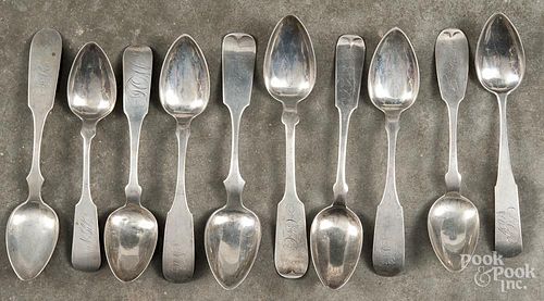 Ten coin silver spoons, to include Prior, Matson, Seymour, etc., 5 ozt.