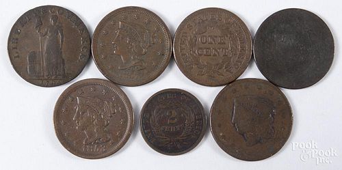 Five large cents, to include an 1849, G, an 1853, G, 1857, large date, VF-F, and two culls