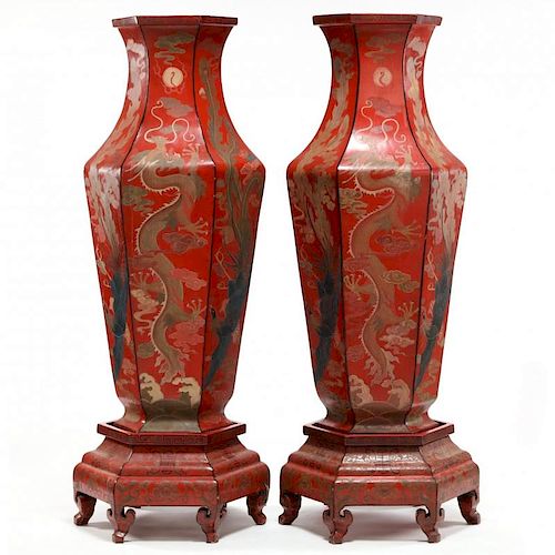 Pair of Large Red Lacquer Imperial Vases with Stands