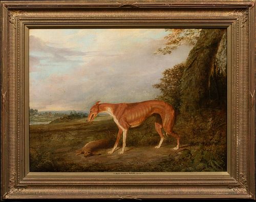 GREYHOUND & GAME IN A LANDSCAPE OIL PAINTING