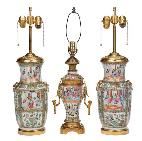 Three Chinese Famille Rose Vases Mounted as Lamps