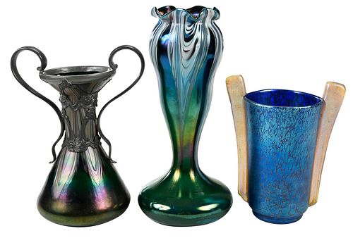 Three Loetz Style Iridescent Glass Vases