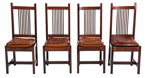 Four Arts and Crafts Mahogany and Leather Side Chairs