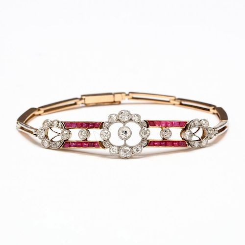 Antique Platinum Topped Diamond and Ruby Bracelet, likely French