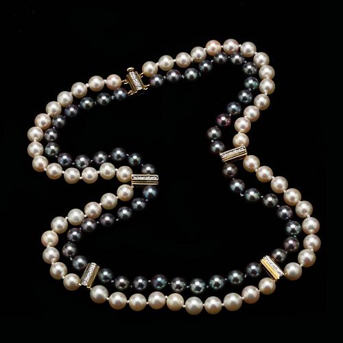 14KT Double Strand Cultured Pearl and Diamond Necklace, Konig and Herzog