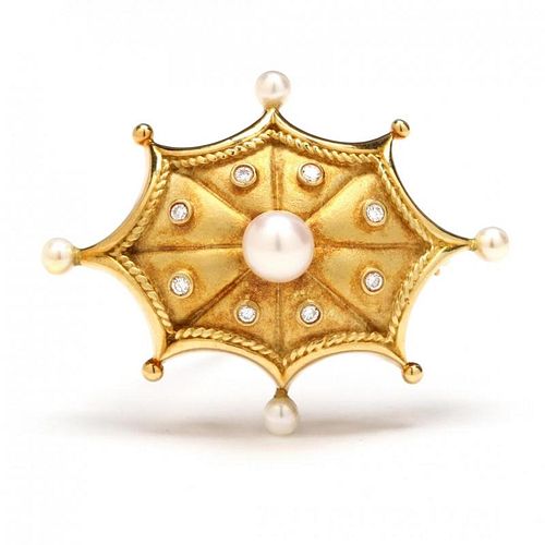 18KT Gold, Pearl, and Diamond Brooch / Slide