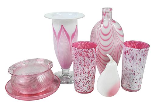 Seven Pink and White Glass Table Articles