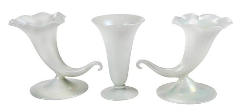 Three Steuben Style White Iridescent Vases
