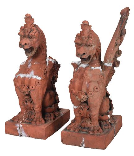 Very Large Pair Terracotta Architectural Griffins