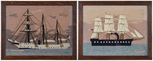 Two Framed Pictorial Woolworks, Sailing Ships