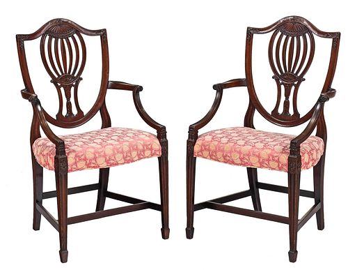 Fine Pair George III Carved Mahogany Arm Chairs