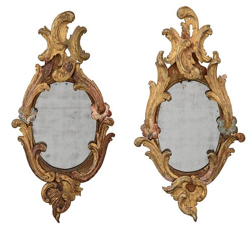 Pair Venetian Baroque Carved, Gilt, and Painted Mirrors