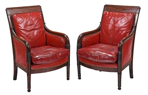 Fine Pair Empire Figured Mahogany Red Leather Armchairs