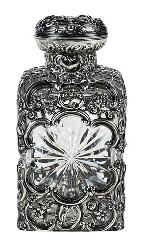 English Silver Repousse and Cut Glass Perfume Bottle