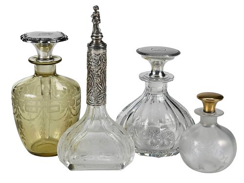 Four Cut and Etched Glass Perfumes, Three Sterling Tops