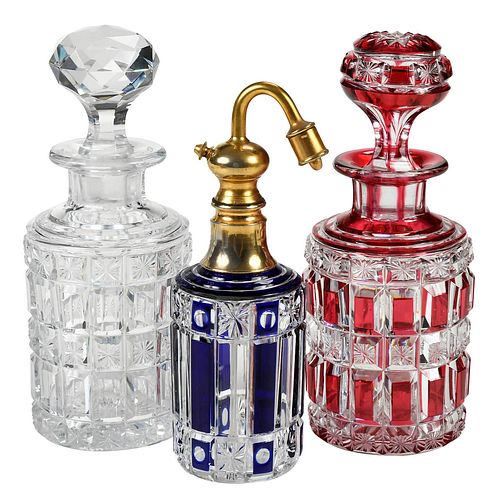 Group of Three Cut Glass Bottles, Colognes and Atomizer