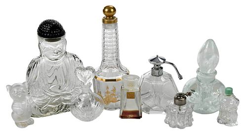 Nine American and Continental Clear Glass Perfumes
