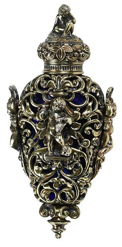 Continental Gilt Silver and Cobalt Glass Perfume Bottle