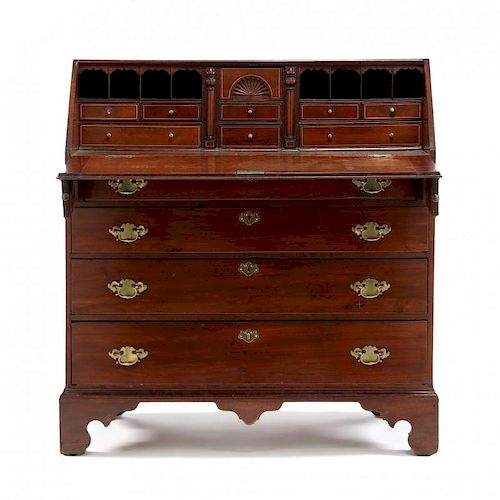 New England Chippendale Inlaid Mahogany Slant Front Desk