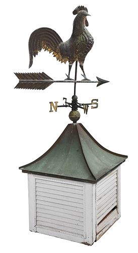 Folk Art Molded Copper Rooster Weathervane and Cupola