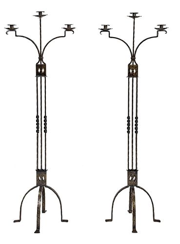 Pair Arts and Crafts Wrought Iron Torchieres