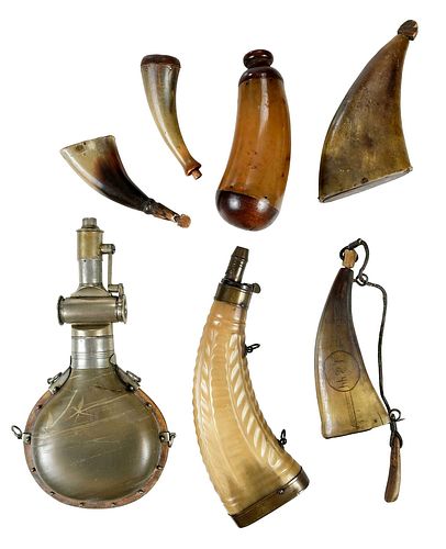Seven Antique Horn Powder Flasks