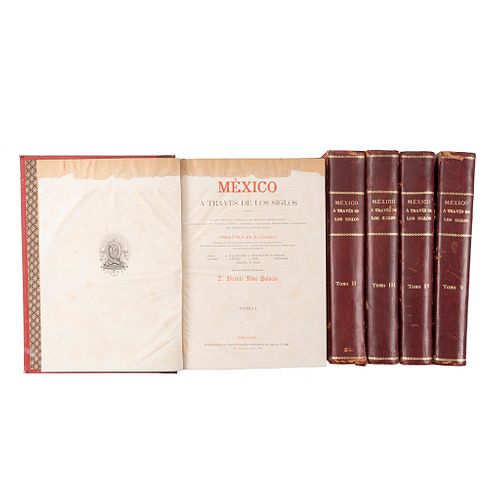 Riva Palacio, Vicente. México a Través de los Siglos. México-Barcelona, 1884.1889. Primera edición. Tomos I-V. Pzs: 5.