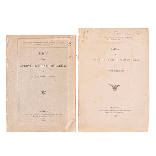 Leyes y Reglamento sobre el Aprovechamiento de Aguas de Jurisdicción Federal, 1910 - 1911. Piezas: 2.