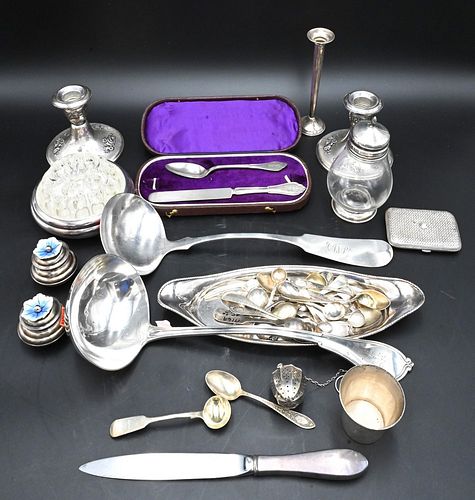 Sterling Silver Lot, to include one sterling silver ladle, one coin ladle, weighted silver, along with coin and sterling silver small spoons and small
