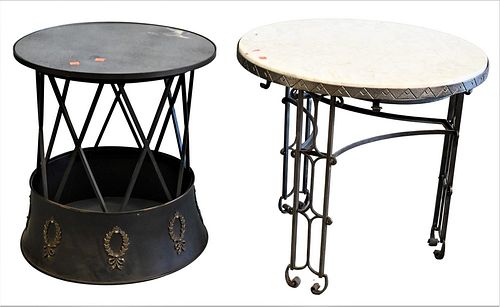 Two Occasional Tables, one in Art Deco style having marble top, height 22 inches, diameter 24 inches; along with a Neoclassical style mirrored top, he