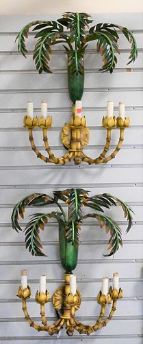 Pair of Large Tole Palm Tree Sconces, in the form of bamboo or palm trees having four lights, height 24 inches.