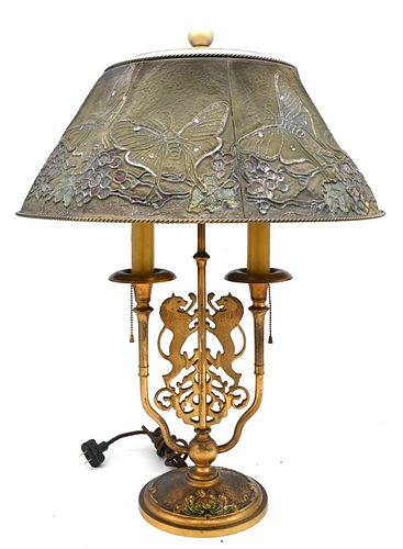 Louis Comfort Tiffany Furnaces Table Lamp, having wire mesh butterfly or moth, shade marked Louis Tiffany Furnaces Inc. 905, on adjustable lion double