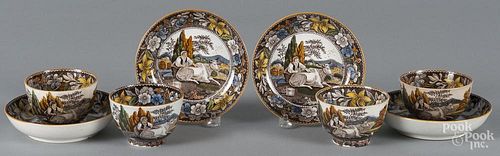 Four Salopian pearlware cups and saucers, 19th c., with milk maid decoration.
