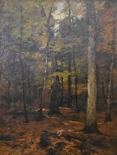 Roswell Morse Shurtleff (American, 1838 - 1915), interior forest scene, oil on canvas, signed lower left, (tear bottom center), 50" x 38 1/4".