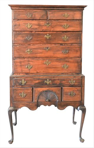 Queen Anne Maple Highboy, in two parts having flat top over two drawers over four drawers on lower section, with one long drawer over three drawers wi