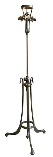 Tiffany Studios Bronze Floor Lamp Base, having six sockets with adjustable shaft on gooseneck style base on tripod base, height 66 1/2 inches, top rin