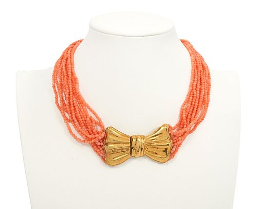 18K YG & Salmon Coral Bead 12 Strand Necklace