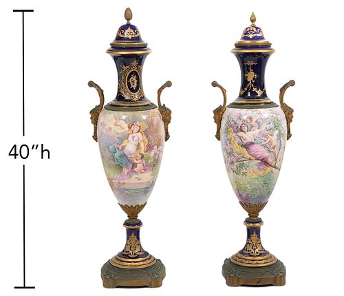 Two Large Bronze Mounted Sevres Urns