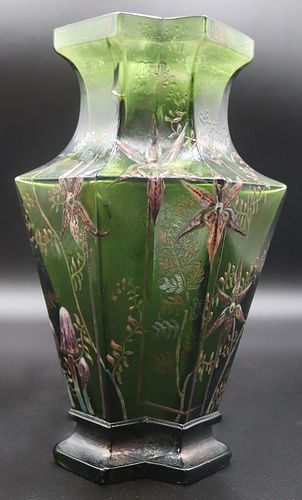 Emile Galle Acid Etched and Enamel Decorated Green
