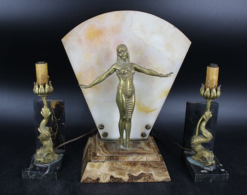 Art Deco Onyx Figural Lamp with Bookends.