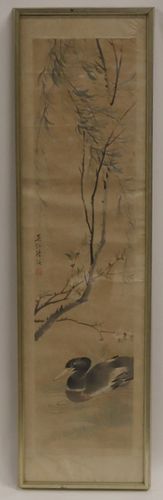 Signed Asian Framed Scroll Painting of a Duck.
