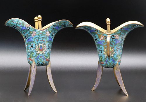 Pair of Chinese Cloisonne Jue Form Vessels.