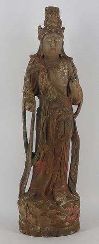 Antique Paint and Gessoed Carving of a Guanyin.