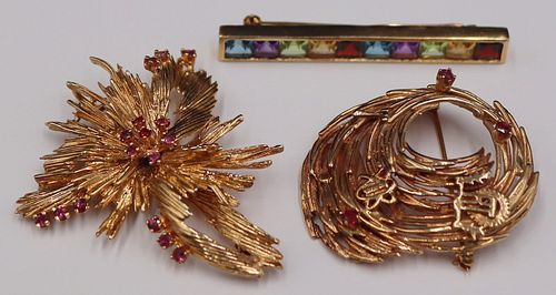 JEWELRY. (3) 14kt Gold and Colored Gem Brooches.