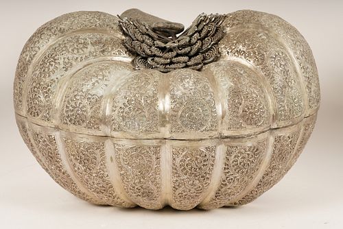 Large Thai Niello Silver Covered Pumpkin Bowl
